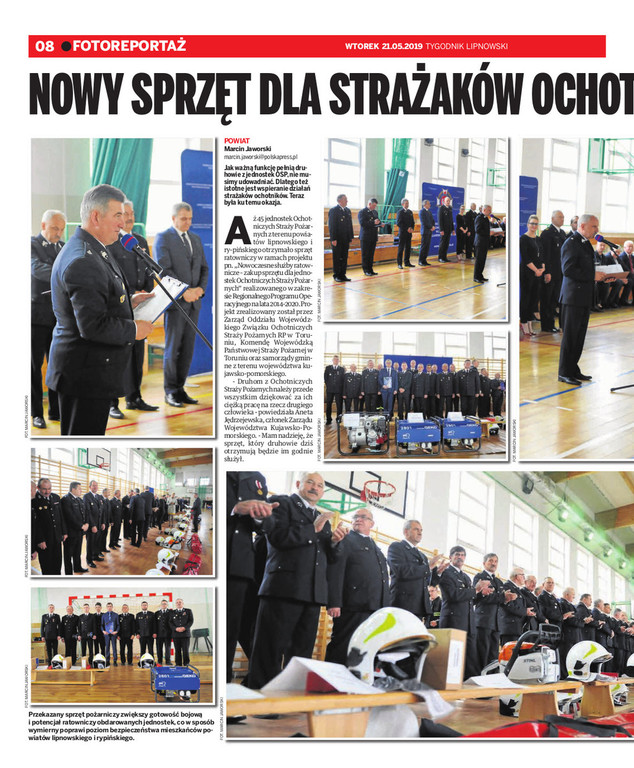 Artykuł z gazety o przekazaniu sprzętu dla strażaków