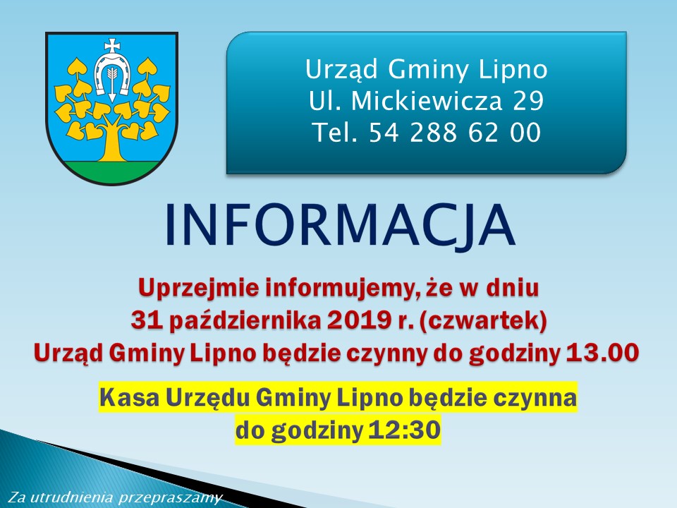 Informacja o zmianie czasu pracy Urzędu Gminy Lipno 