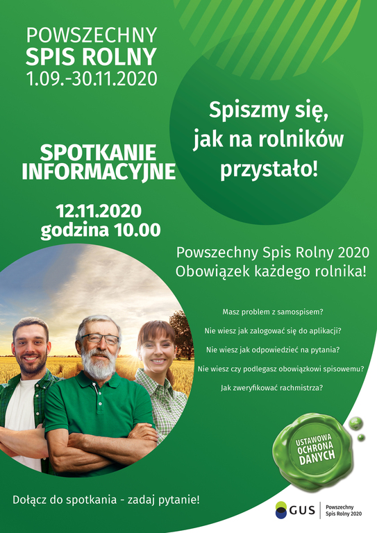 Informacja odnośnie spotkania informacyjnego - Powszechny Spis Rolny 2020 - Obowiązek każdego rolnika!