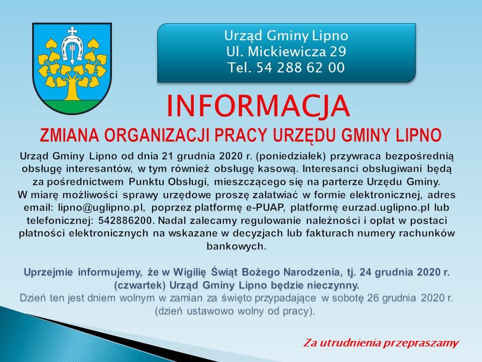Informacja na niebieskim tle z Herbem Gminy Lipno. Treść zgodna z artykułem.