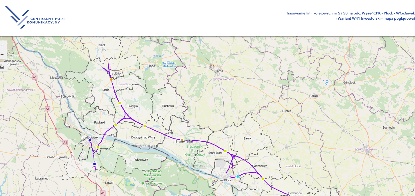 Zrzut ekranu z projektu budowy CPK źródło, https://experience.arcgis.com/experience/0afe2745f49c4116a4798a121e0d8cdf/