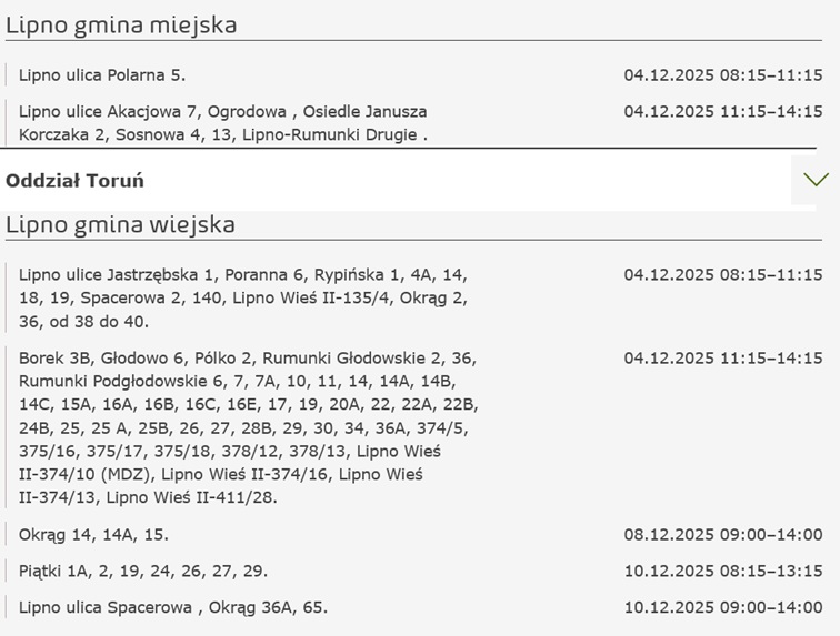 Planowane wyłączenia prądu na terenie Gminy Lipno