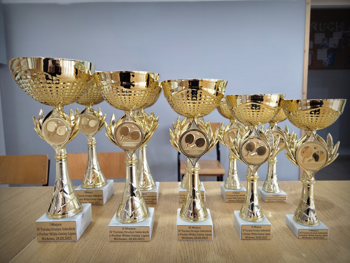 Na zdjęciu widoczne są puchary przeznaczone dla zwycięzców Turnieju Tenisa Stołowego Drużyn Sołeckich o Puchar Wójta Gminy Lipno.