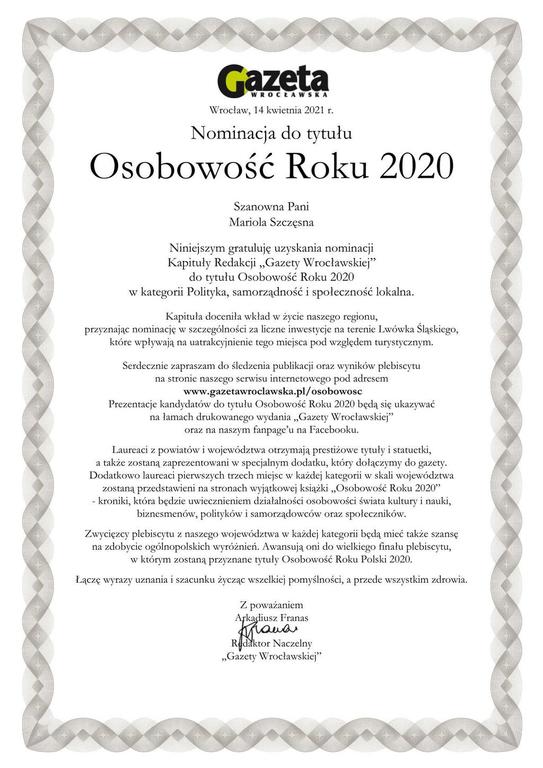List z nominacją dla Burmistrz Marioli Szczęsnej