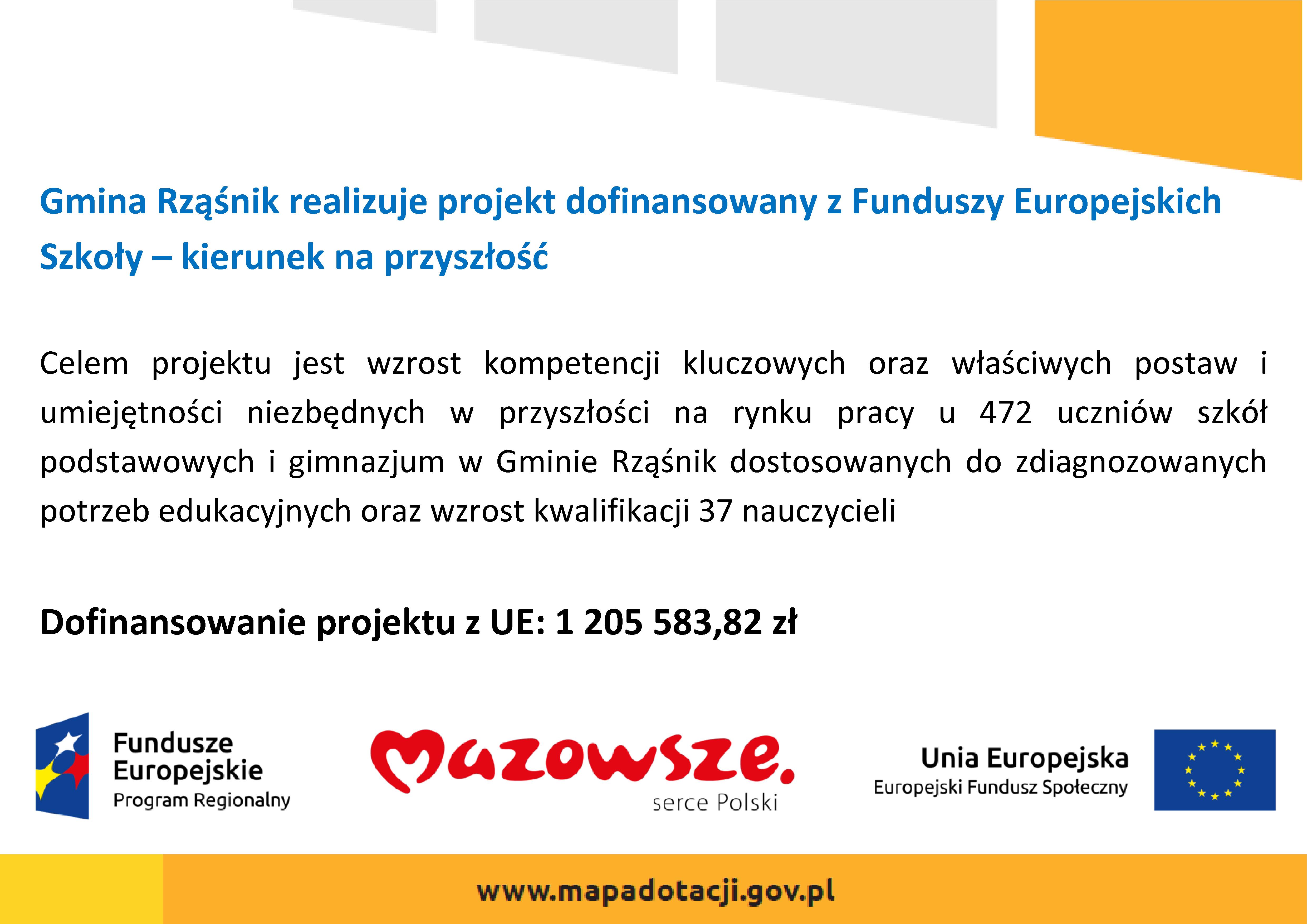 Gmina Rząśnik realizuje projekt dofinansowany z Funduszy Europejskich Szkoły - kierunek na przyszłość