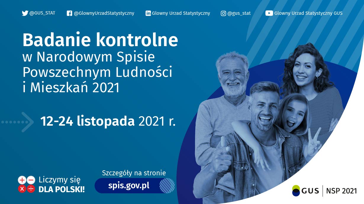 Plakat informujący o badaniu kontrolnym w dniach od 12 do 24 listopada 2021 roku. Na obrazku jest grupka uśmiechniętych ludzi