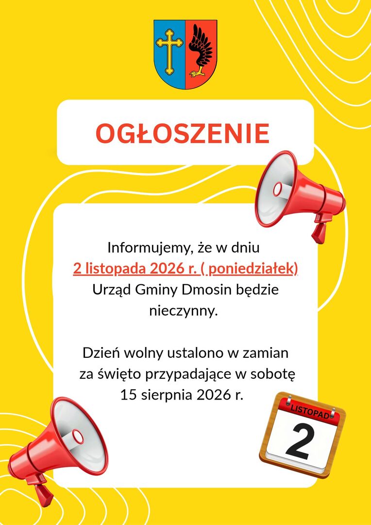Urząd Gminy Dmosin będzie nieczynny 2 listopada 2026 roku