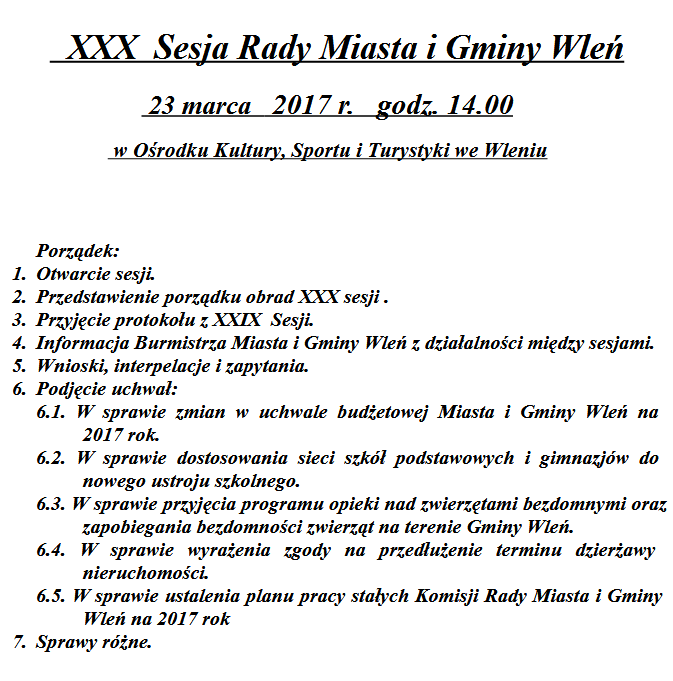 porządek obrad XXX Sesji Rady Miasta i Gminy Wleń (link otworzy duże zdjęcie)