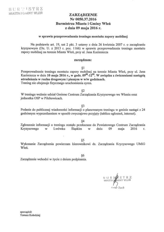 Zarządzenie Burmistrza Miasta i Gminy Wleń w sprawie przeprowadzenia treningu montażu zapory mobilne (link otworzy duże zdjęcie)