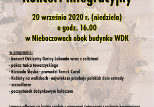 Plakat zawiera informacje na temat koncertu, który odbędzie się 20 września 2020 roku w Nieboczowach