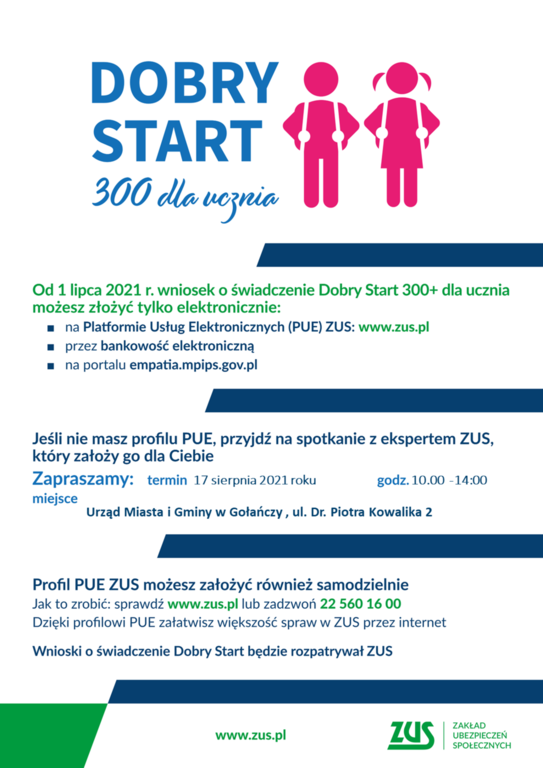 Plakat informujący o spotkaniu z ekspertem ZUS w Urzędzie UMiG Gołańcz