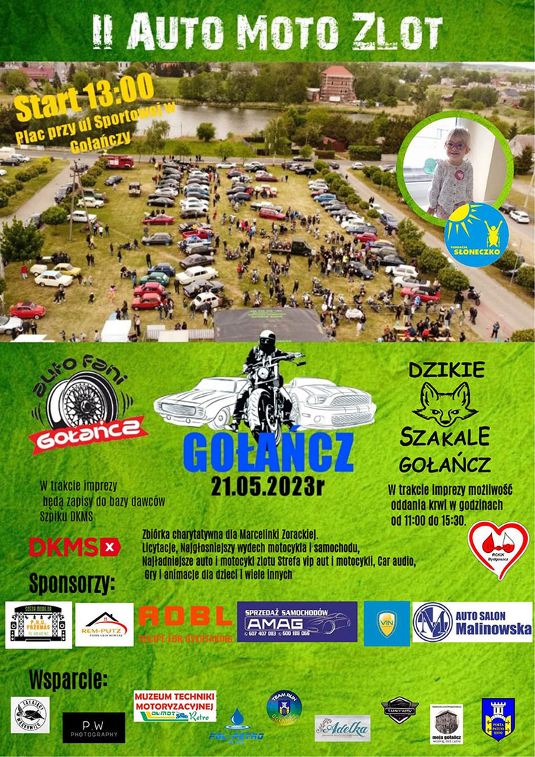 Plakat informujący o zlocie motoryzacyjnym w Gołańczy
