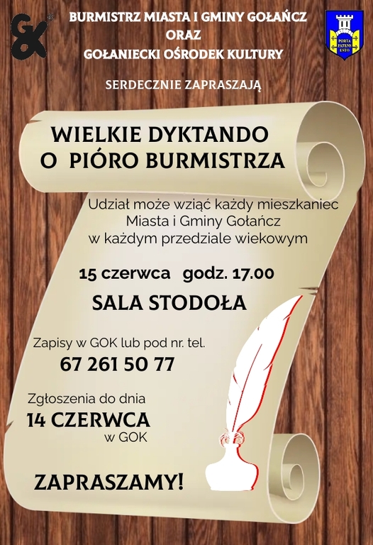 Plakat informujący o konkursie "Wielkie dyktando o pióro Burmistrza"