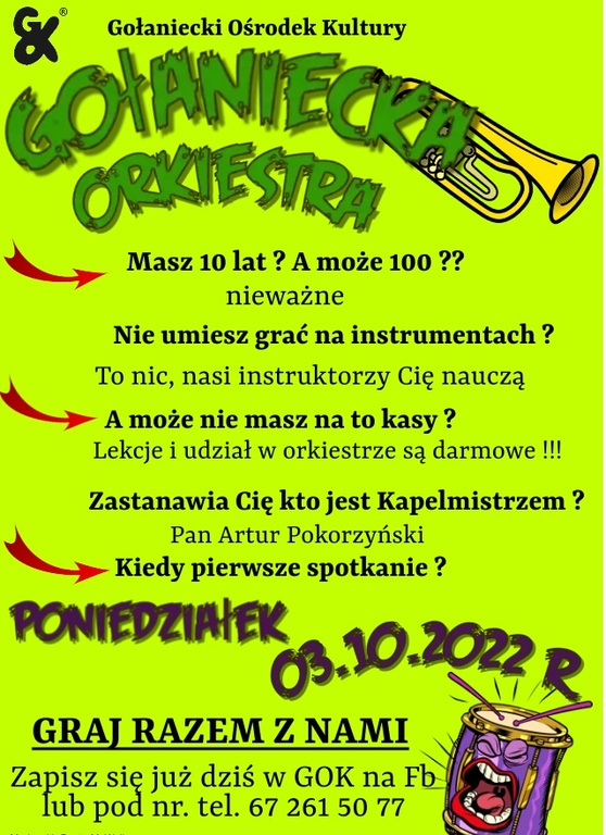 Plakat informujący o spotkaniach z Gołaniecką Orkiestrą