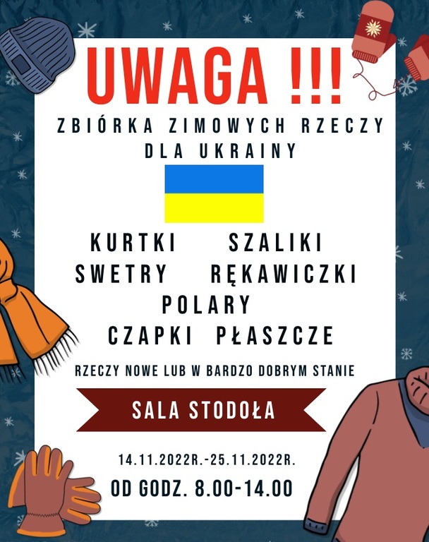 Plakat informacyjny - zbiórka zimowych rzeczy dla ukriany