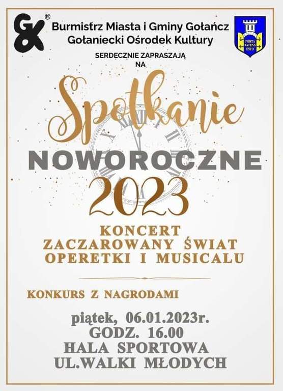 Plakat informujący o Spotkaniu Noworocznym, które odbędzie się 6 stycznia o godz. 16:00 w Hali Sportowej przy ul. Walki Młodych