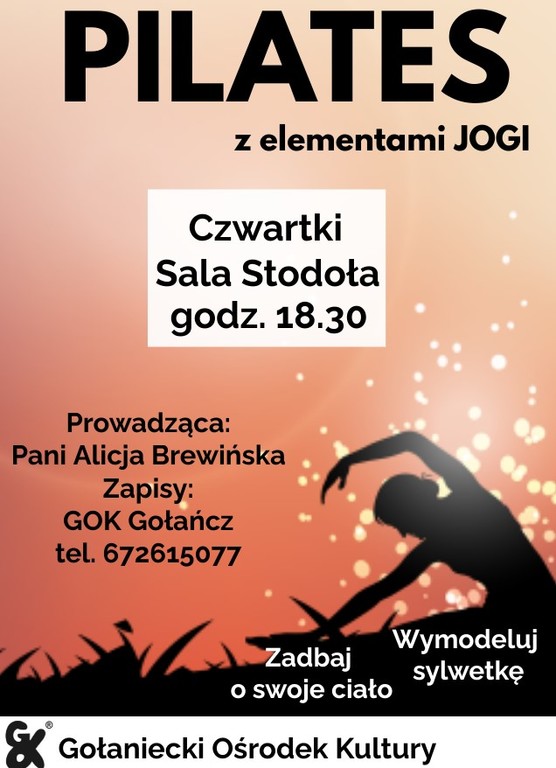 Plakat informujący o zajęciach z pilatesu z elementami JOGI