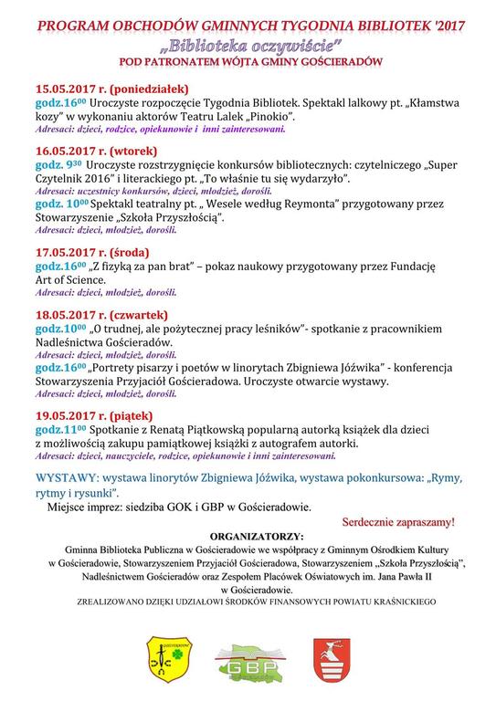 PROGRAM OBCHODÓW GMINNYCH TYGODNIA BIBLIOTEK 2017
„Biblioteka oczywiście” POD PATRONATEM WÓJTA GMIN (link otworzy duże zdjęcie)