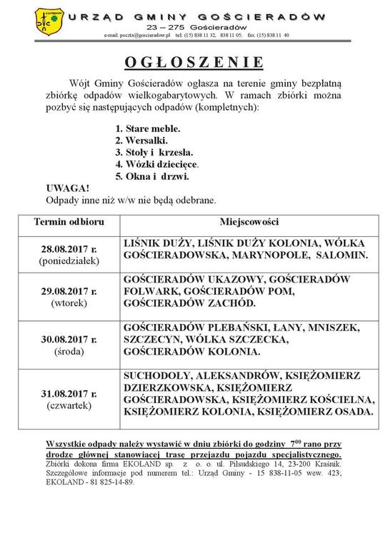 Ogłoszenie o zbiórce odpadów wielkogabarytowych. (link otworzy duże zdjęcie)