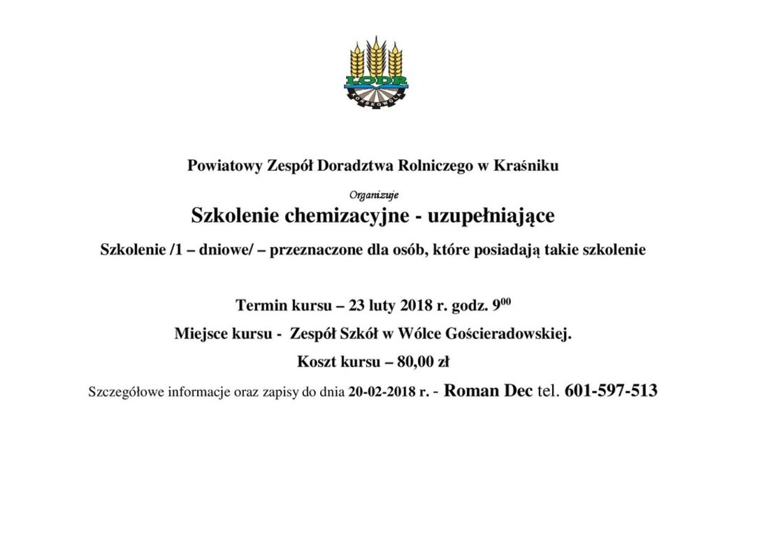 Zaproszenie na Szkolenie chemizacyjne - uzupełniające (link otworzy duże zdjęcie)