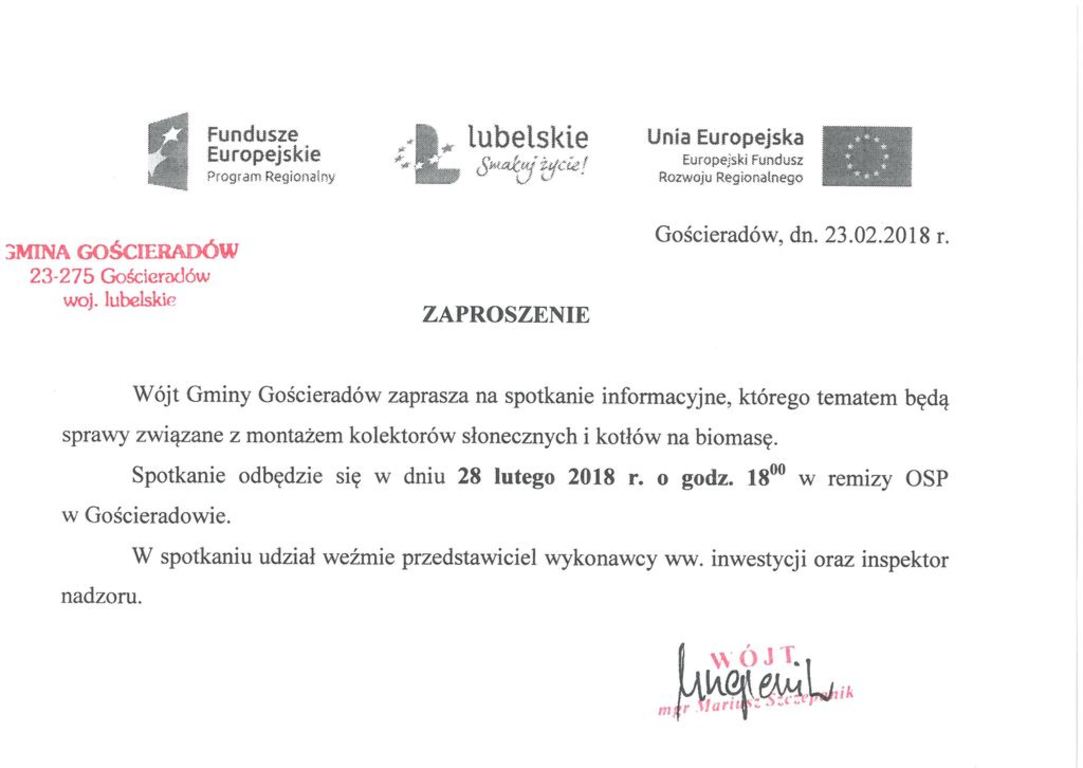 Zaproszenie na spotkanie informacyjne w sprawie montażu kolektorów słonecznych i kotłów na biomasę (link otworzy duże zdjęcie)