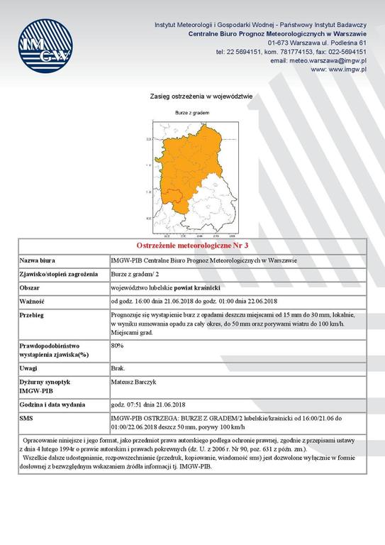 Ostrzeżenie meteorologiczne
Nazwa biura IMGW-PIB Centralne Biuro Prognoz Meteorologicznych w Warszaw (link otworzy duże zdjęcie)