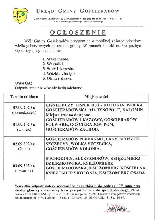 Wójt Gminy Gościeradów przypomina o mobilnej zbiórce odpadów wielkogabarytowych na terenie gminy. W (link otworzy duże zdjęcie)