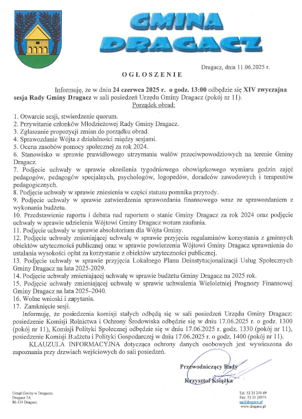 XIV Sesja Rady Gminy Dragacz - 24 czerwca 2025 r. (link otworzy duże zdjęcie)