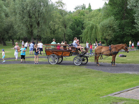 Dorożka przewożąca ludzi przez park przy jeziorze Małym Żnińskim