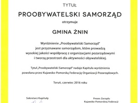 Dyplom wyróżniający gminę Żnin jako proobywatelski samorząd