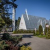 Widok Kościoła z oddali, na pierwszym planie krzewy