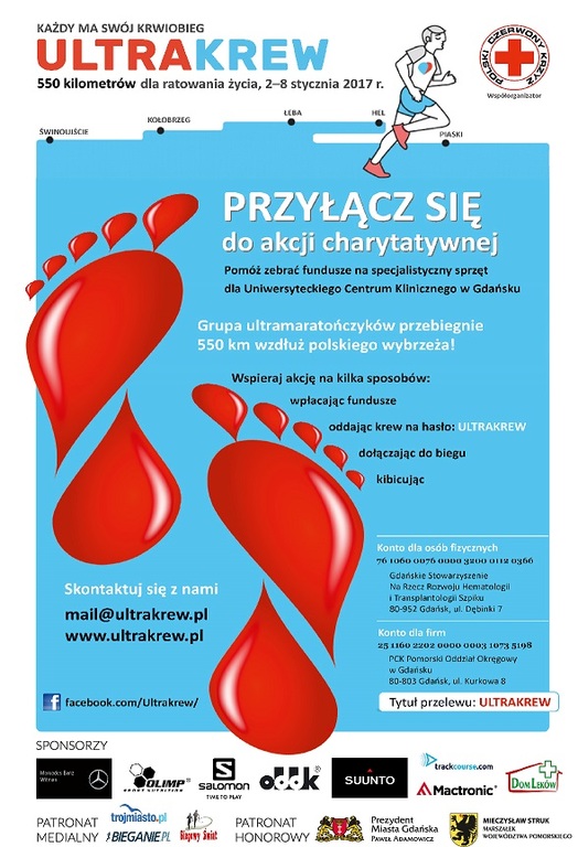 Ultrakrew - plakat charytatywnego biegu wzdłuż polskiego wybrzeża