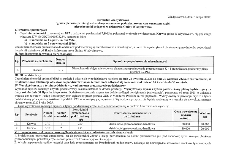 Ogłoszenie o przetargu na poddzierżawienie nieruchomości w Karwi 1