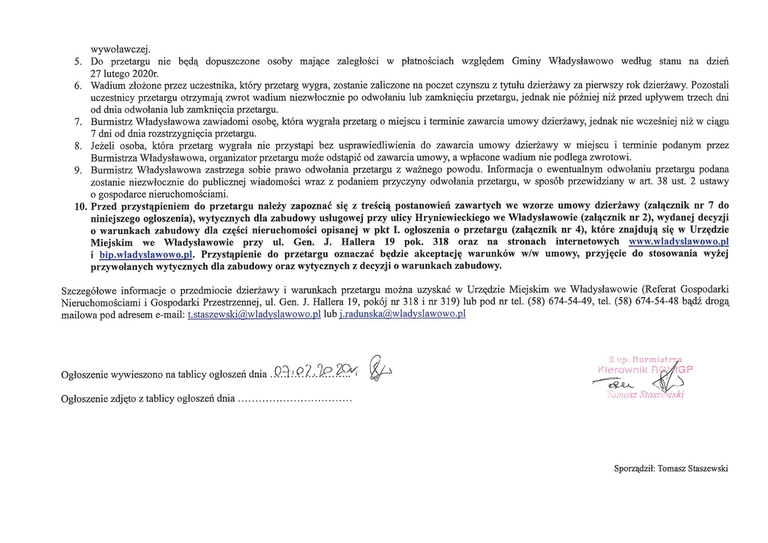 Ogłoszenie o przetargu na dzierżawę nieruchcomości przy ul. Hryniewieckiego 5