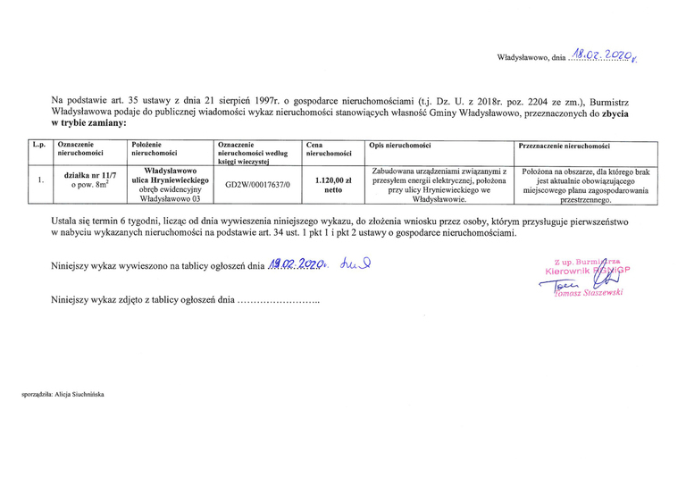 Wykaz nieruchomości stanowiących własność Gminy Władysławowo przeznaczonych do zbycia w trybie zamiany