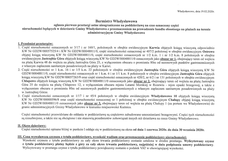 Ogłoszenie o przetargu na poddzierżawę części nieruchomości stanowiących będących w dzierżawie Gminy Władysławowo z przeznaczeniem handlu obnośnego na plażach administracyjnych Gminy Władysławowo 1