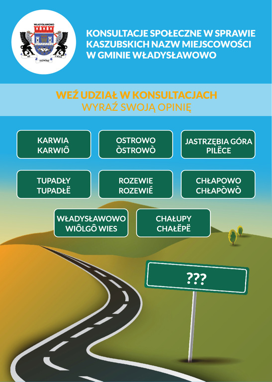 Plakat promujący konsultacje społeczne ws. wprowadzenia nazw miejscowości w języku kaszubskim
