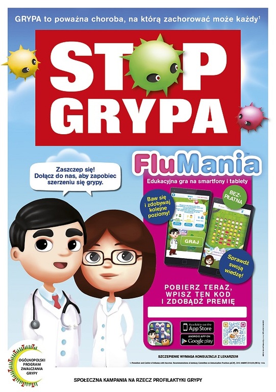 Plakat promujący aplikację FluMania promującą profilaktykę grypy