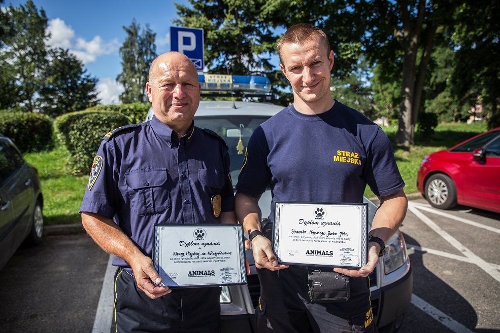 Komendant Straży Miejskiej Tadeusz Minkowski ze Strażnikiem Jarosławem Jeką i wyróżnieniami