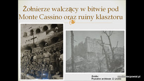 Żołnierze walczący w bitwie pod Monte Cassino oraz ruiny klasztoru.