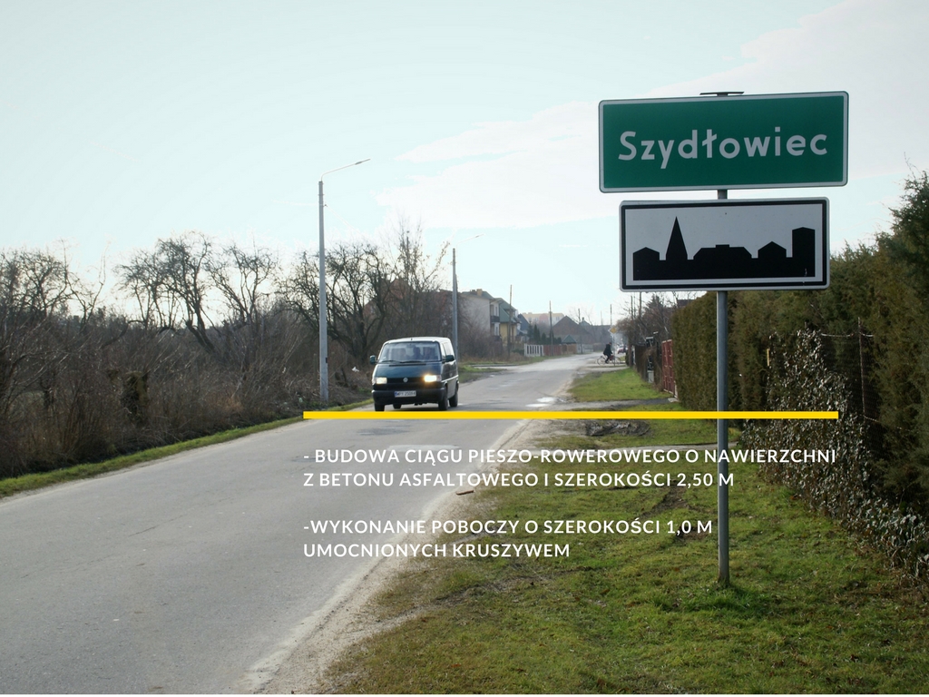 zdjęcie z napisem: - budowę ciągu pieszo-rowerowego o nawierzchni z betonu asfaltowego i szerokości 2,50 m  -wykonanie poboczy o szerokości 1,0 m umocnionych kruszywem 