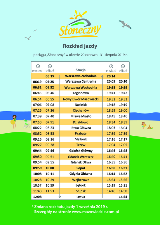 słoneczny, rozkład jazdy