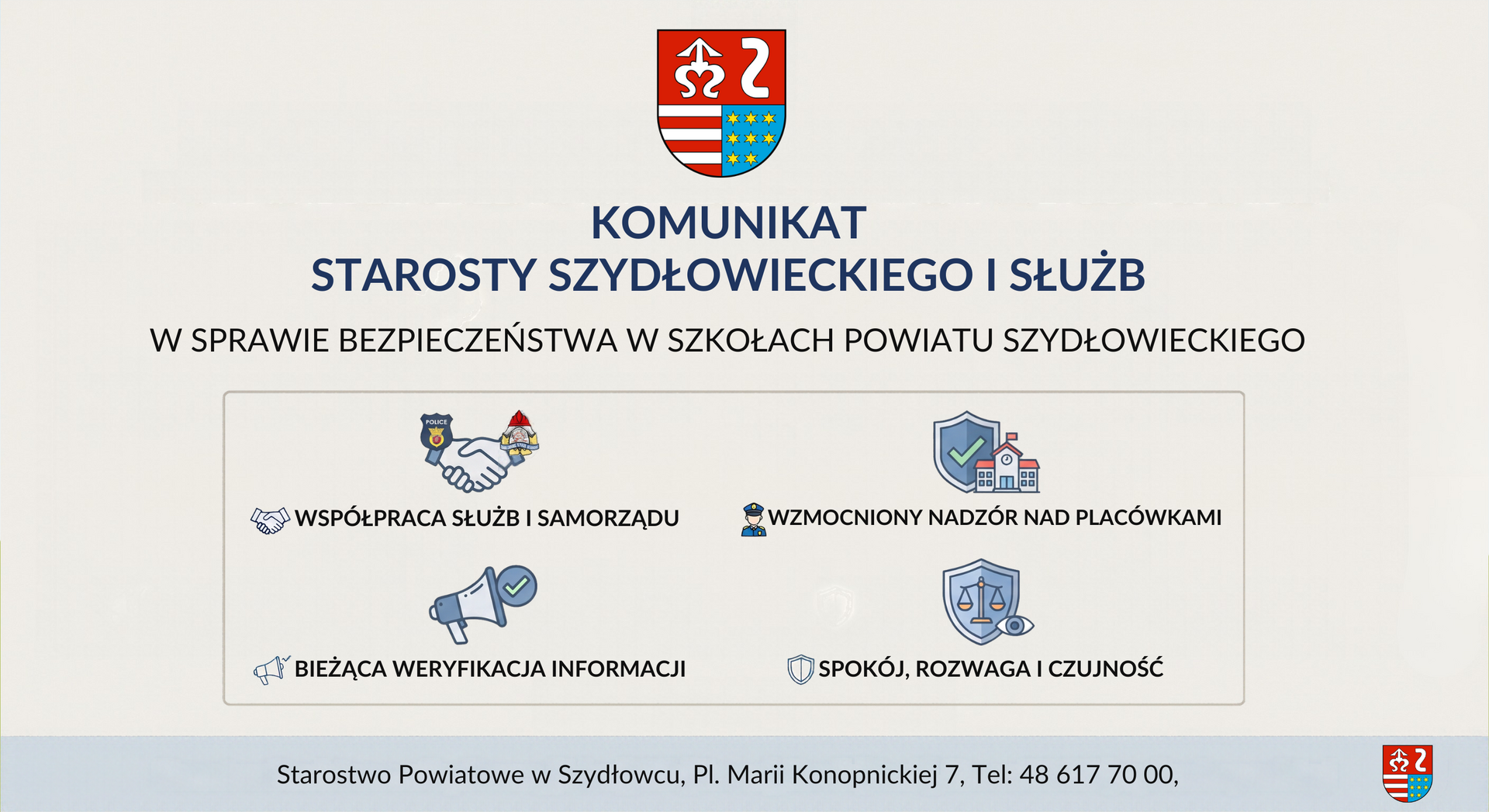 Komunikat Starosty Szydłowieckiego i służb w sprawie bezpieczeństwa w szkołach