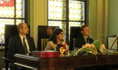 Zdjęcie prezydenta Gniezna Tomasza Budasza, prezes Joanny Krupskiej i ministra Bartosza Marczuka