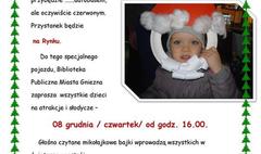 Plakat zapraszający na akcję biblioteki podczas Jarmarku Bożonarodzeniowego