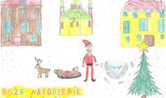 Trzecie miejsce w konkursie na miejską kartkę świąteczną: Wiktoria Klimczak ze Szkoły podstawo (link otworzy duże zdjęcie)