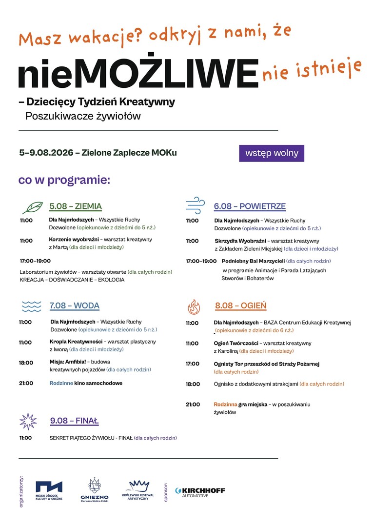 Dziecięcy Tydzień Kreatywny "nieMOŻLIWE" w Gnieźnie. Poszukiwacze Żywiołów na Zielonym Zapleczu MOK